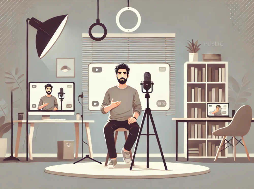 Mies kuvaamassa videota kotistudiollaan.