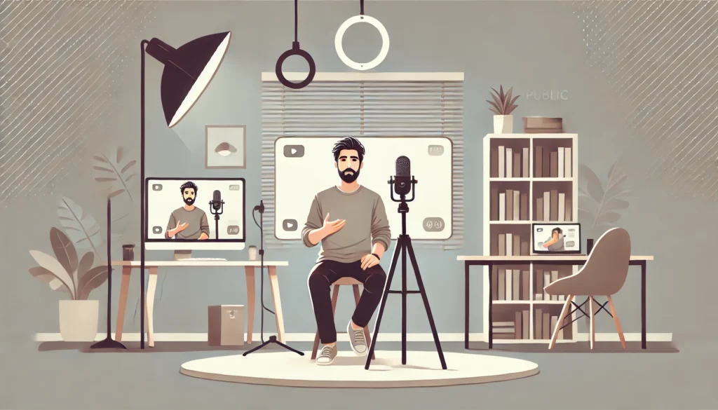 Mies kuvaamassa videota kotistudiollaan.