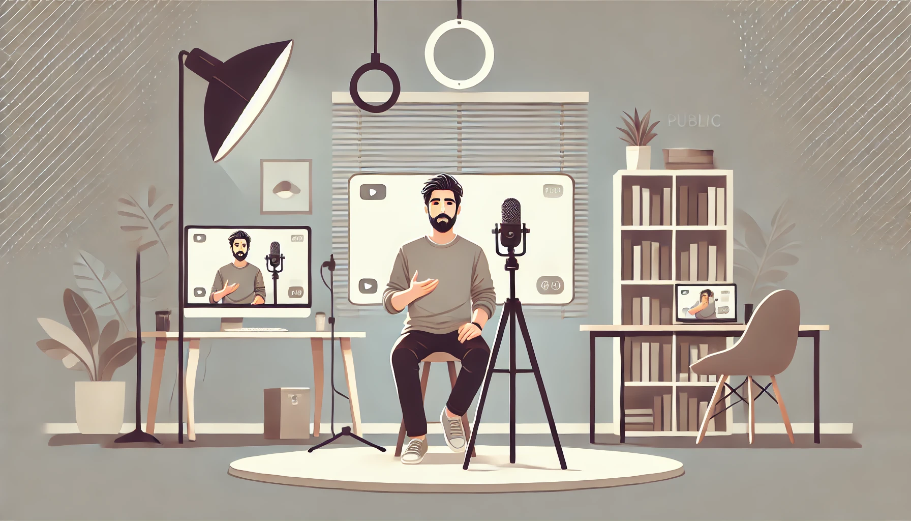 Mies kuvaamassa videota kotistudiollaan.